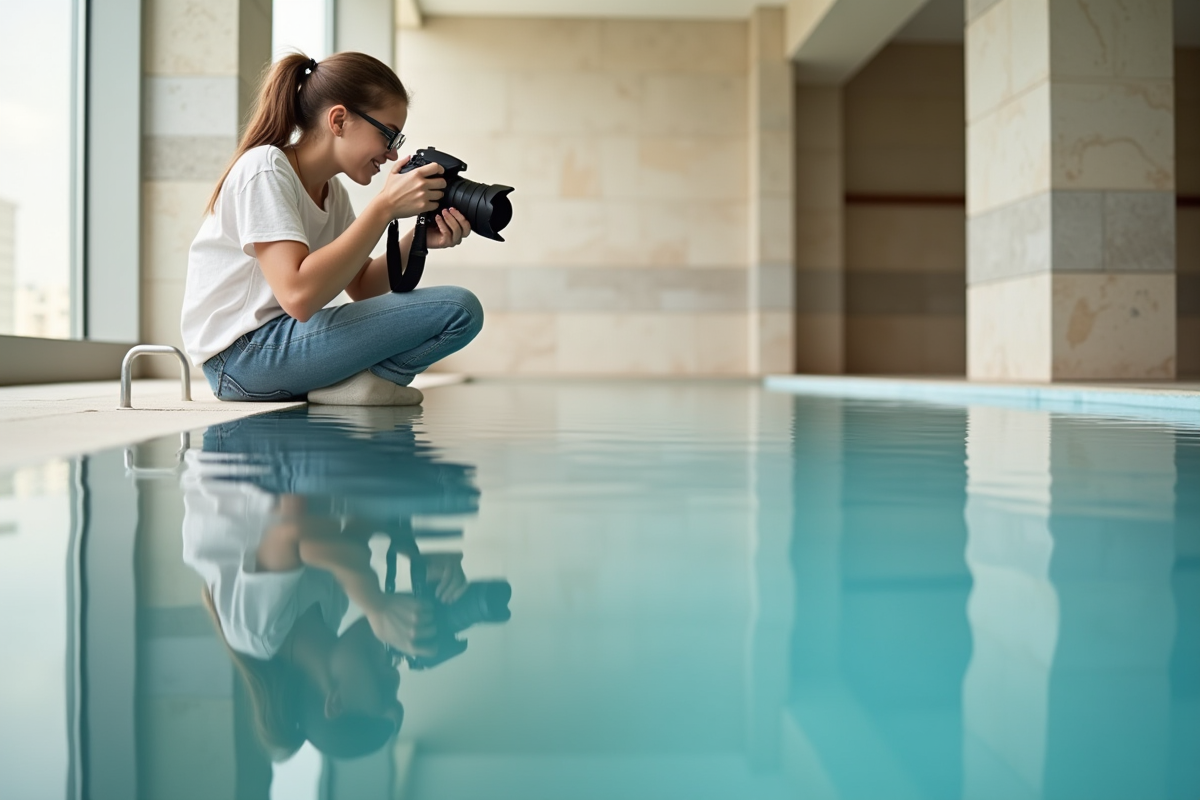 Jeune femme photographe capture la surface miroir d une piscine intérieure