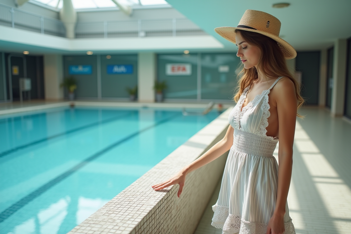 Jeune femme inspectant le bord de la piscine intérieure