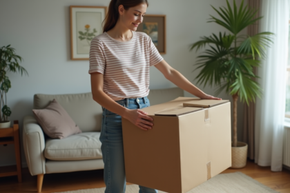 Jeune femme plie un grand carton dans un salon cosy