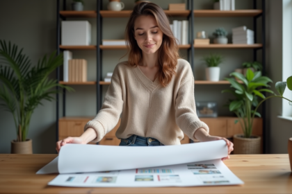 Jeune femme déballant un poster dans un bureau moderne