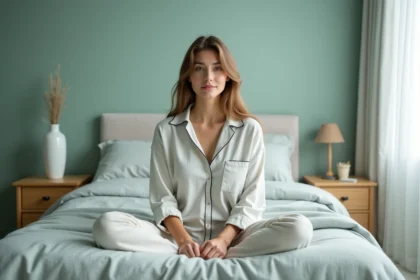 Jeune femme en pyjama dans une chambre apaisante