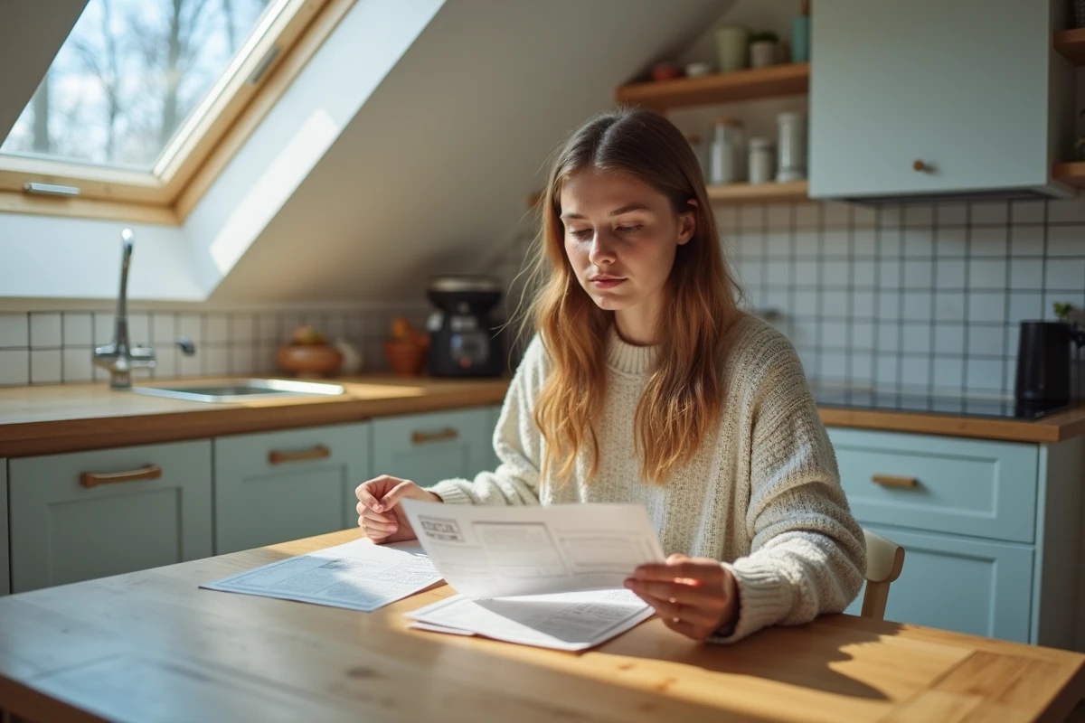 Jeune femme examine un tableau VELUX dans sa cuisine lumineuse