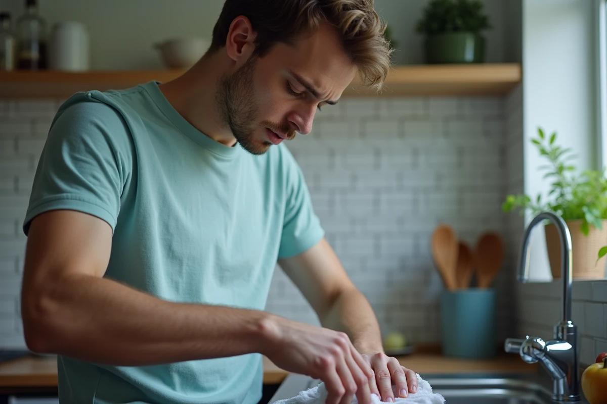 Jeune homme dabant une tache de fruit sur son tshirt