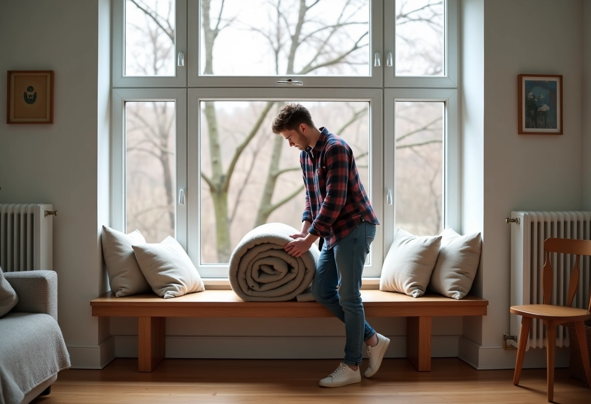 Jeune homme déployant une couverture en laine près d