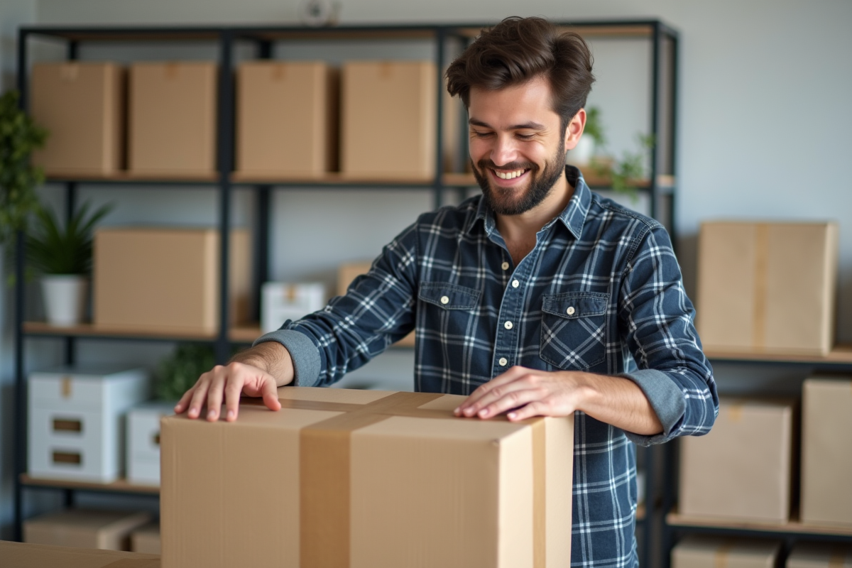 Jeune homme scellant un colis dans un bureau moderne
