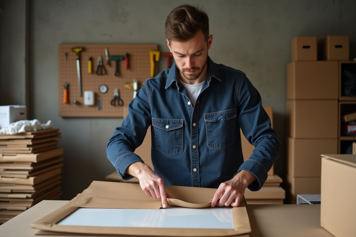 Jeune homme emballant des verres dans un atelier de recyclage
