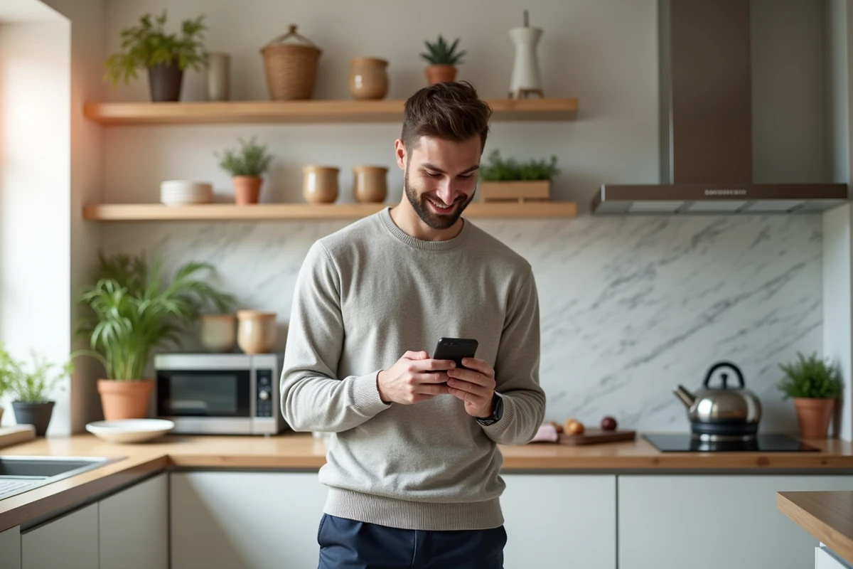 Jeune homme dans la cuisine vérifiant ses détails de réservation
