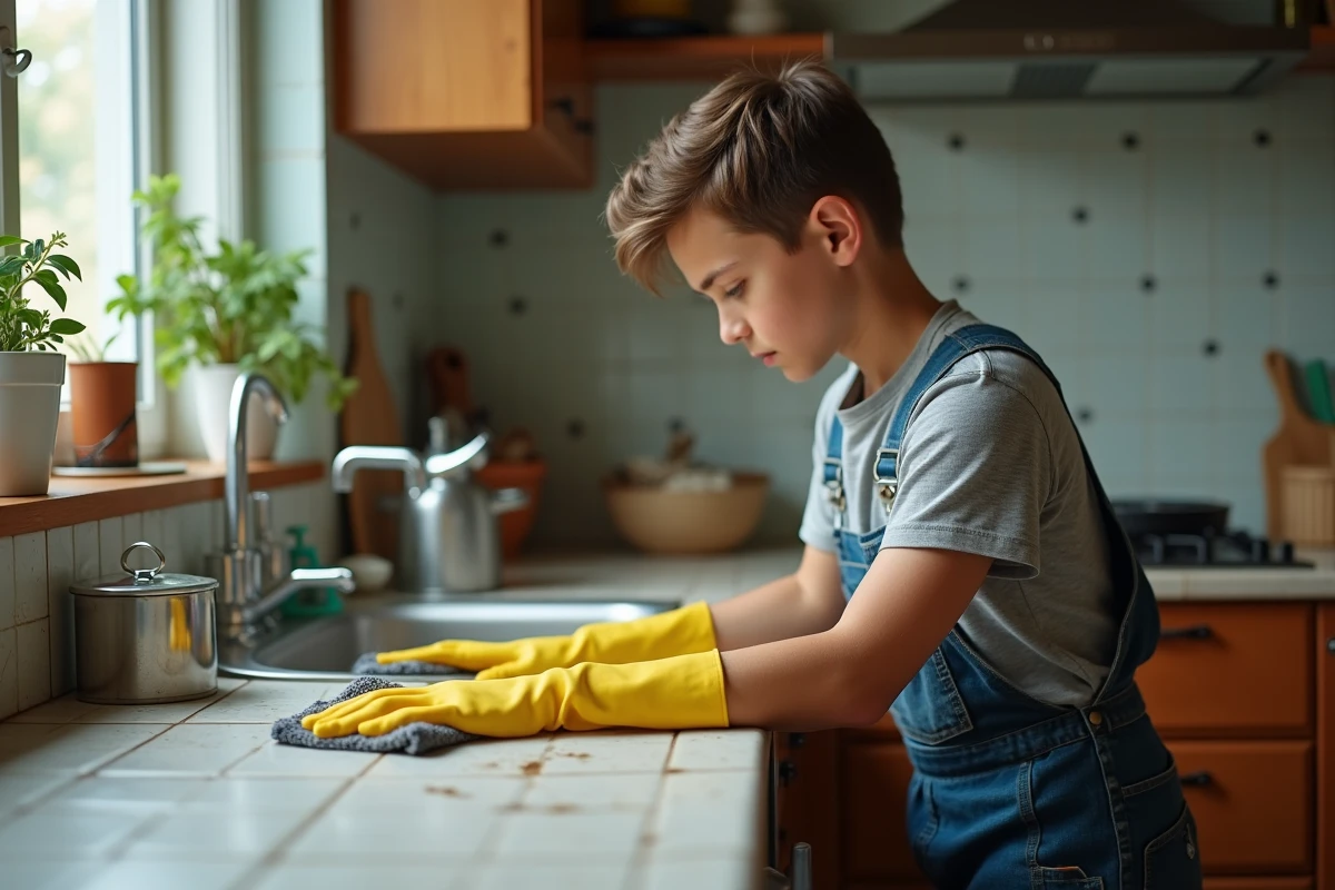 Jeune homme en overalls nettoyant une surface de cuisine