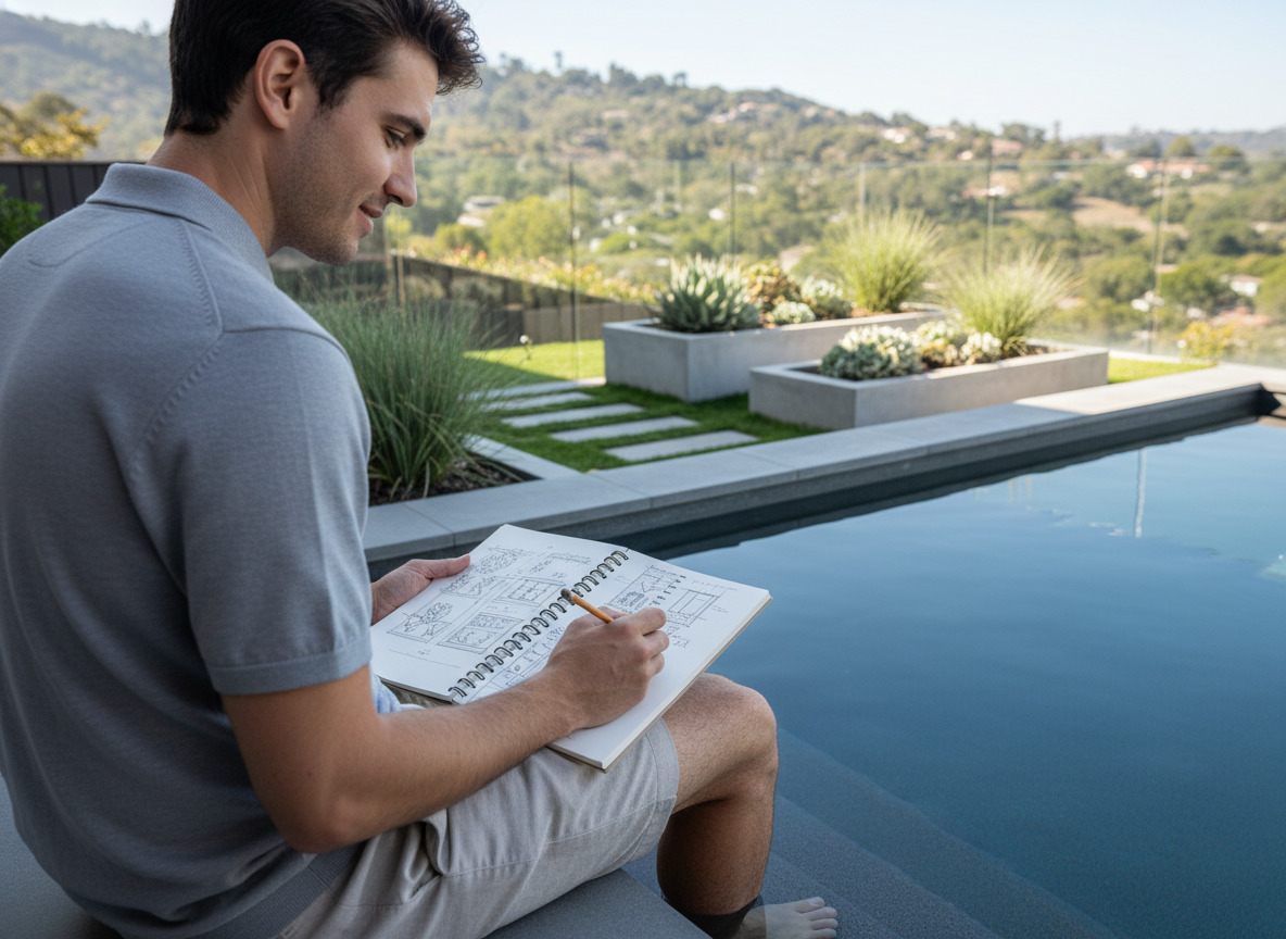 Jeune homme esquissant un plan de jardin