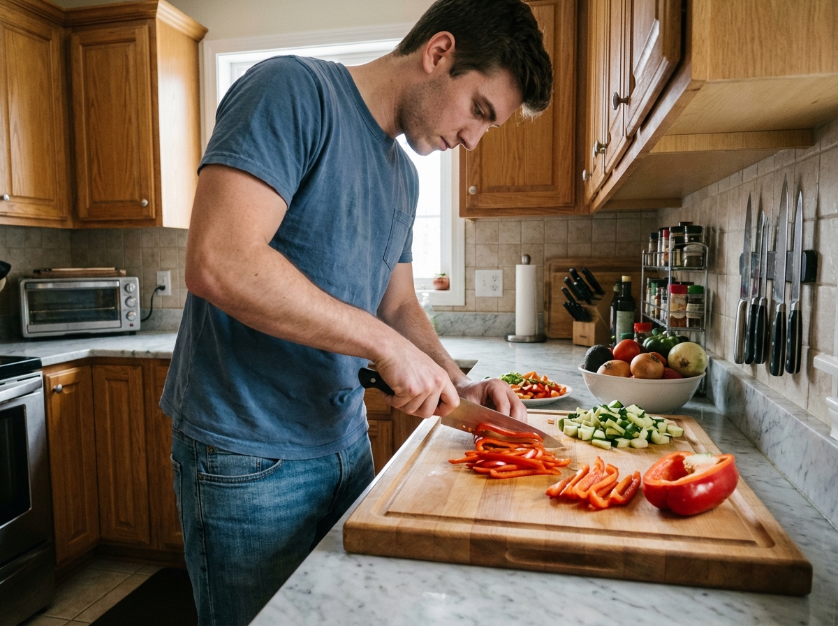 Jeune homme en cuisine préparant des légumes en julienne