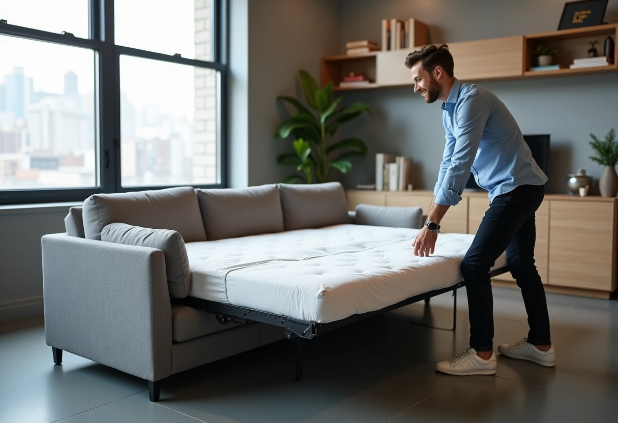 Jeune homme transformant un canapé en lit dans un studio urbain