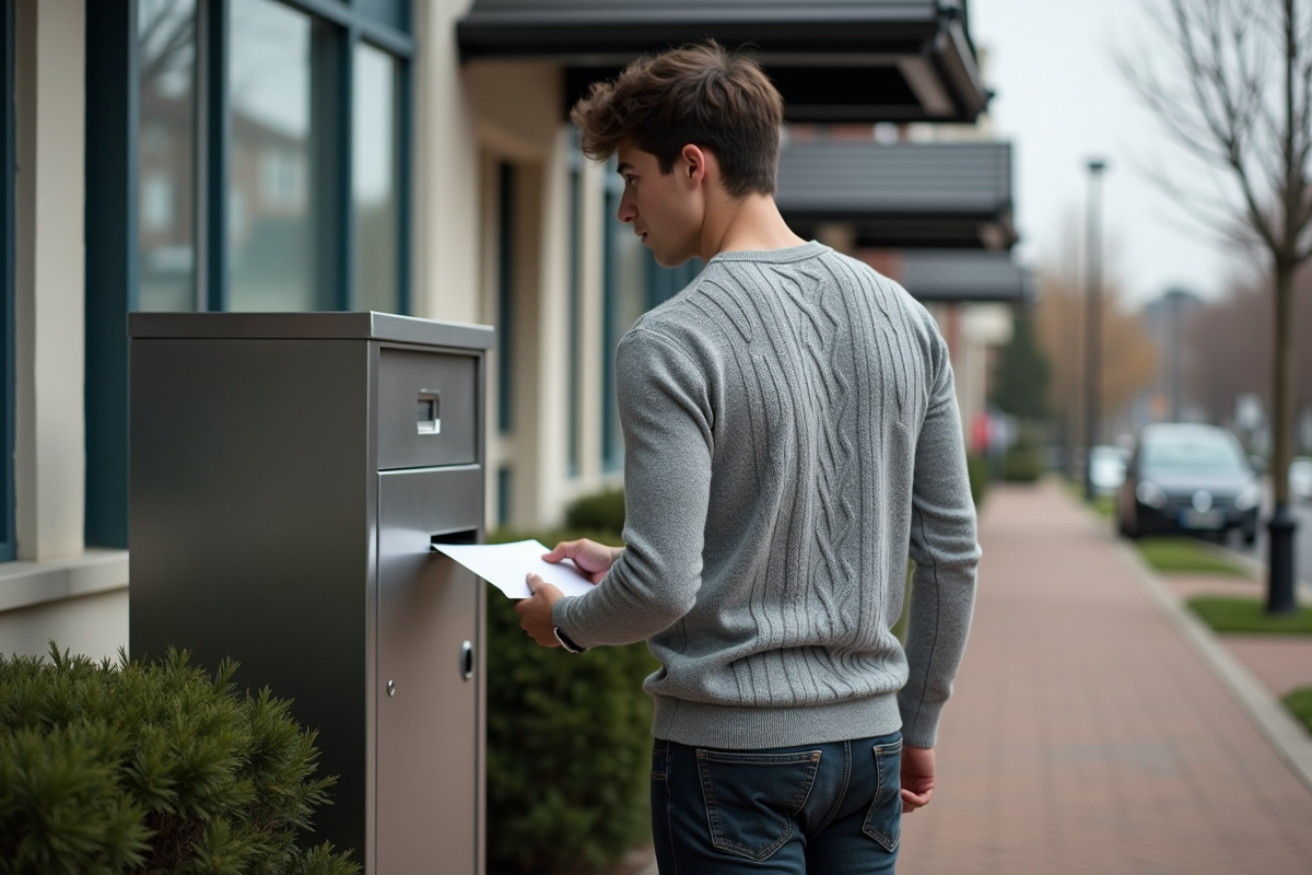 Jeune homme déposant une enveloppe dans une boîte aux lettres