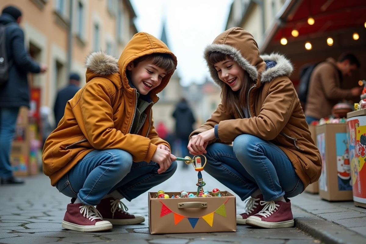 Adolescents cherchant des jouets rétro à la brocante