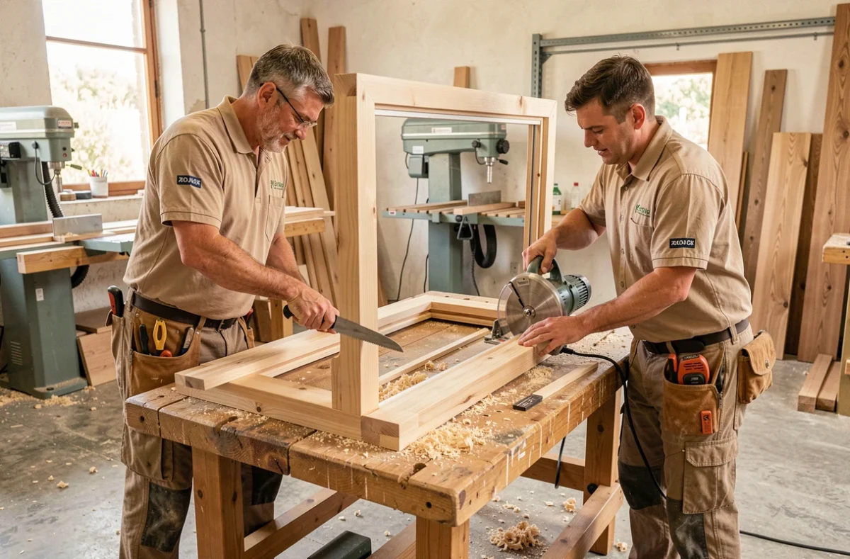 Artisans menuisiers de Les Masters Menuisiers assemblant un cadre de fenêtre en bois dans leur atelier