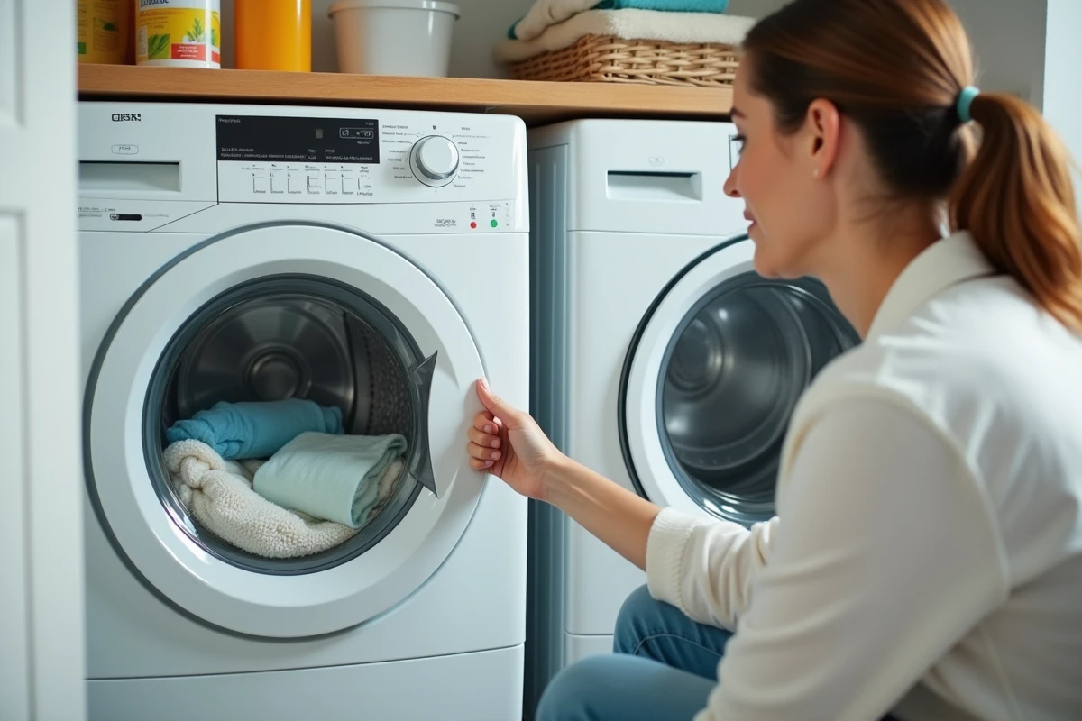Machine à laver le linge en fonctionnement avec hublot visible et produits lessiviers dans une buanderie française