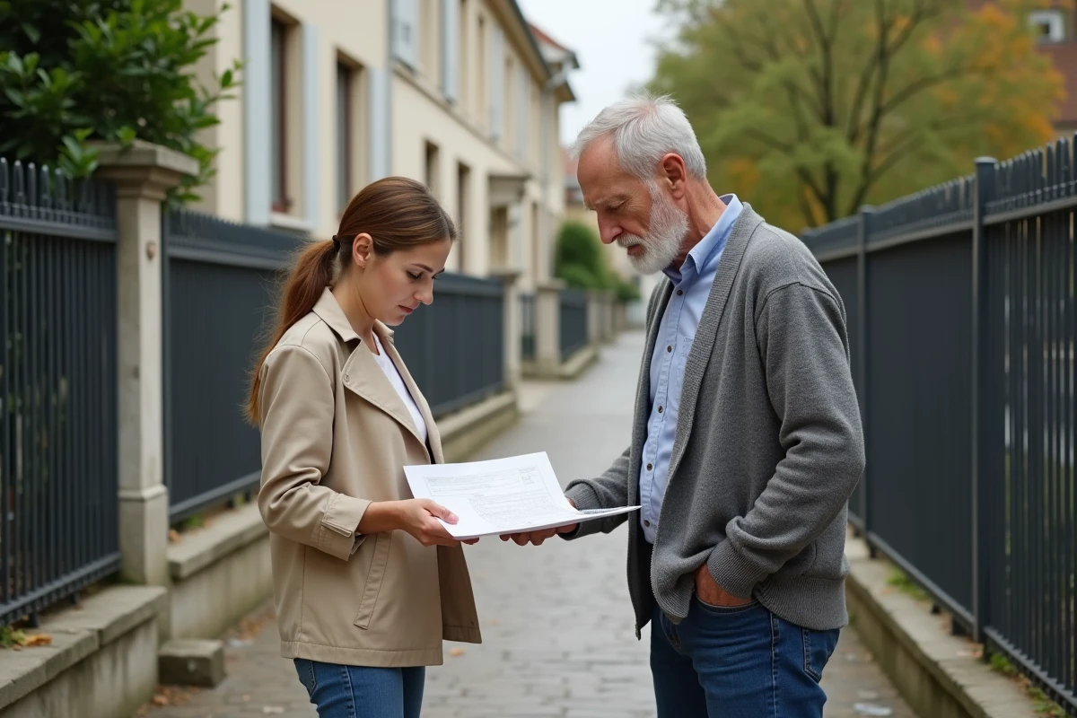 Deux voisins en désaccord de part et d'autre d'une clôture métallique non conforme au PLU consultant un plan de bornage dans une rue résidentielle française