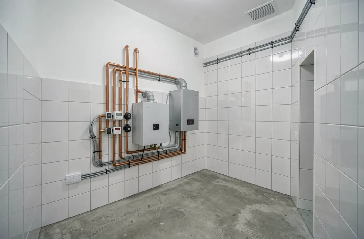 Local technique avec une installation complète de pompe à chaleur hybride gaz, chaudière et réseau de tuyauterie cuivre