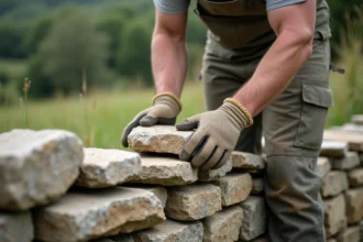 Maçon posant des moellons en granite sur un mur en pierre en construction dans un jardin rural