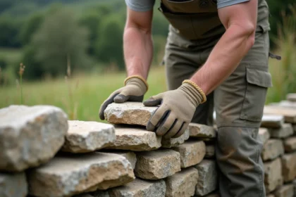Maçon posant des moellons en granite sur un mur en pierre en construction dans un jardin rural