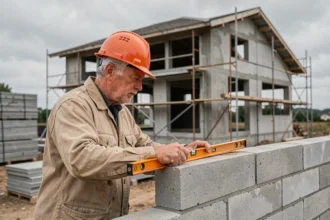 Maçon posant un parpaing large sur un mur de maison en construction pour répondre aux exigences RT 2026