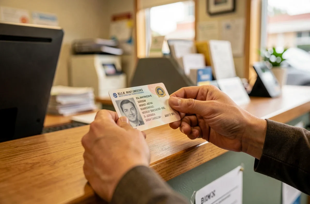 Mains tendant une pièce d'identité sur le comptoir d'un bureau de poste