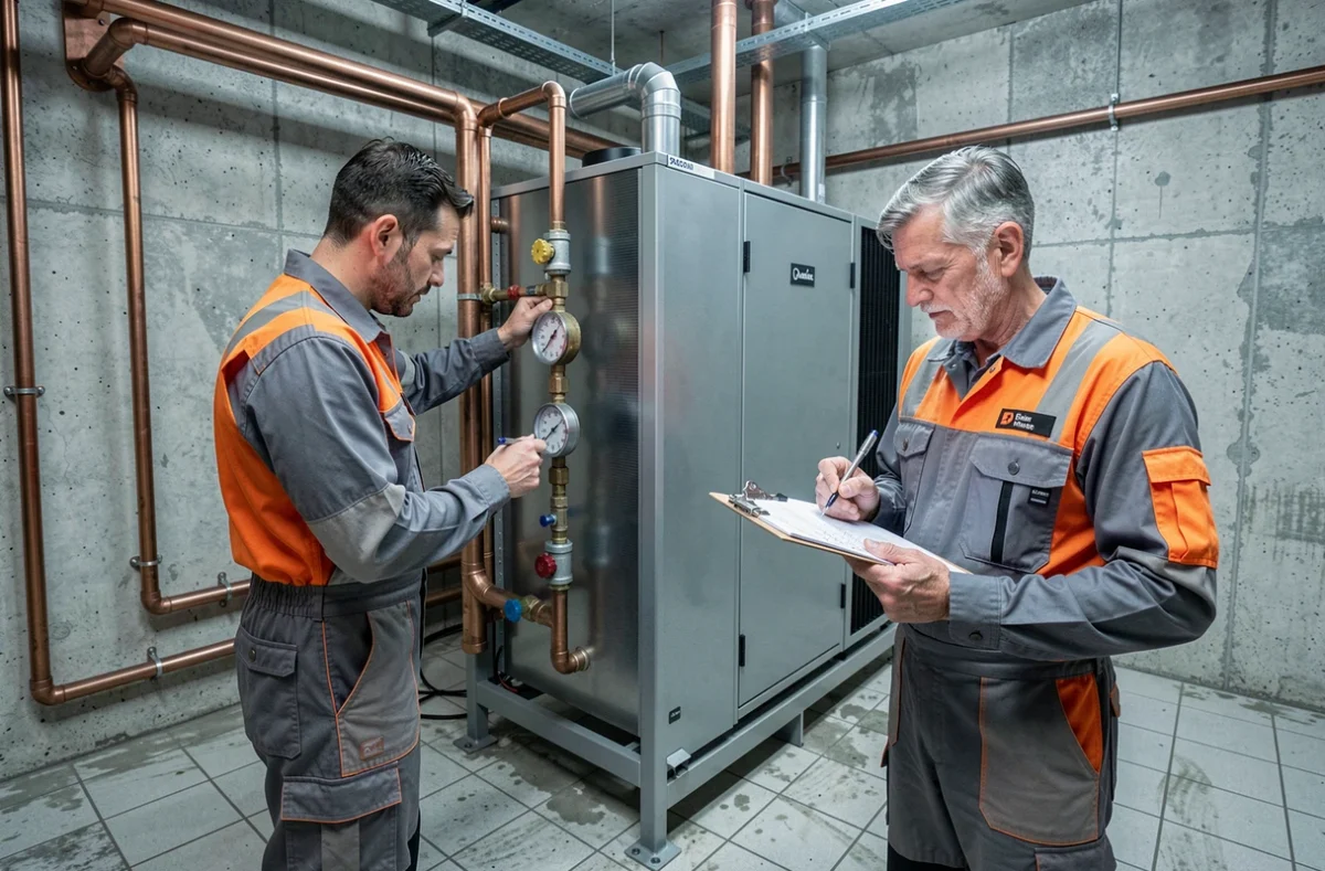 Deux techniciens réalisant la maintenance annuelle d'une pompe à chaleur air eau dans une chaufferie résidentielle