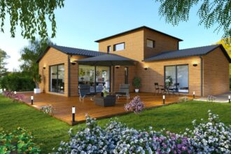 maison en bois avec architecture moderne et environnement naturel
