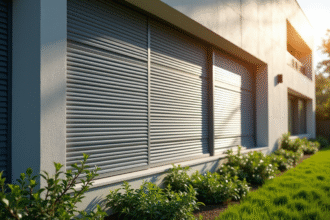 Façade moderne de maison avec volets en aluminium et jardin vert