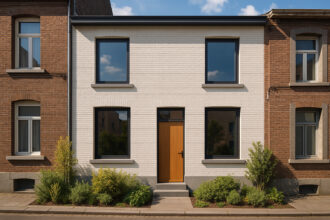 Photo hyperrealiste d'une maison rénovée à Charleroi avec fenêtres modernes
