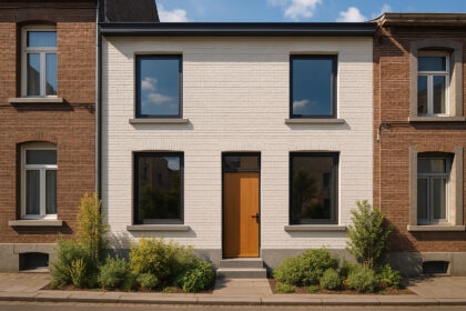 Photo hyperrealiste d'une maison rénovée à Charleroi avec fenêtres modernes
