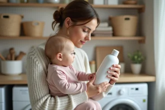 Maman et bébé regardant une bouteille de lessive douce