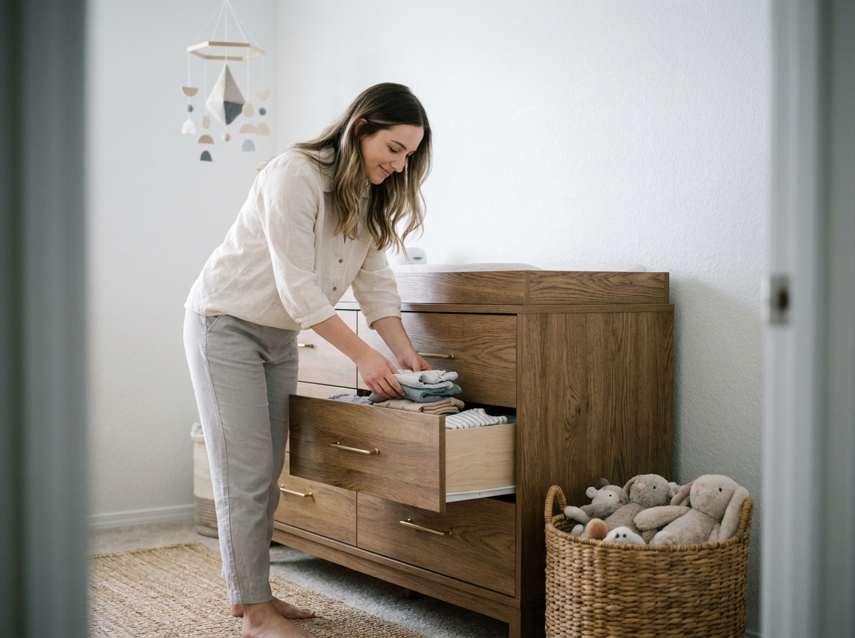 Jeune maman rangeant des vêtements bébé dans une commode design en bois avec poignées laiton dans une chambre enfant moderne