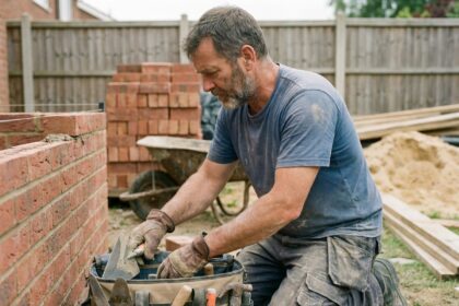 Maçon en plein travail avec outils de maçonnerie à l'extérieur