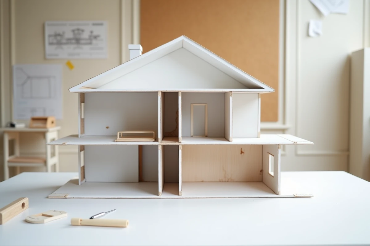 Maquette architecturale en coupe montrant un mur de refend porteur dans une maison individuelle