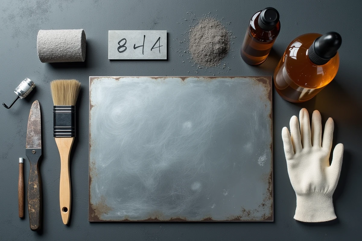 Vue à plat des outils et matériaux nécessaires pour patiner du zinc, avec panneau de zinc partiellement vieilli