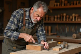 Artisan menuisier expérimenté en train de tailler une mortaise dans du chêne avec un ciseau à bois dans un atelier traditionnel