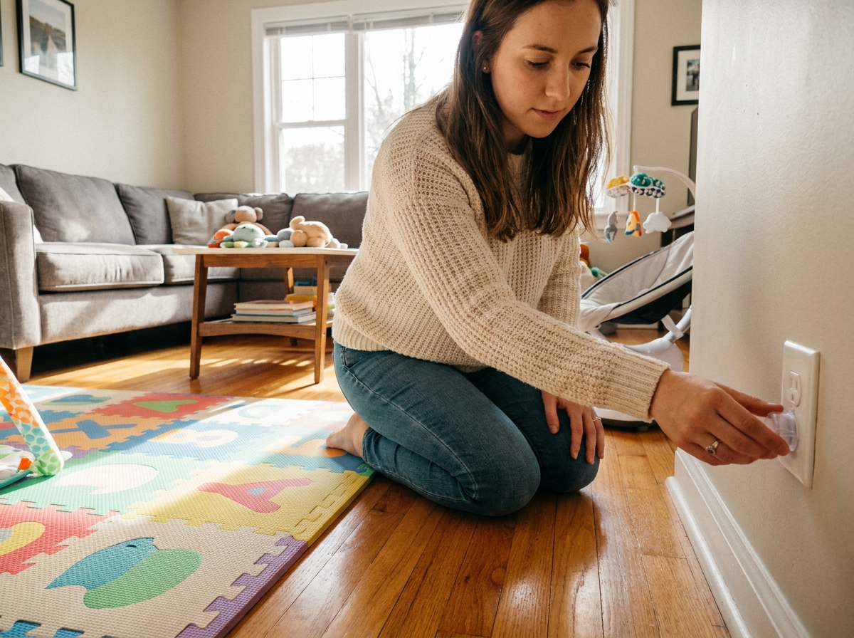 Jeune mère sécurisant les prises électriques du salon avec des cache-prises pour protéger son bébé