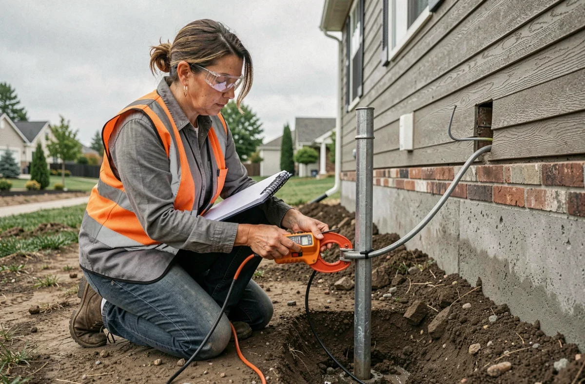 Électricienne mesurant la prise de terre extérieure d'une installation neuve avec un multimètre à pince sur un chantier résidentiel