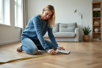 Femme mesurant une pièce avec un mètre ruban dans un salon