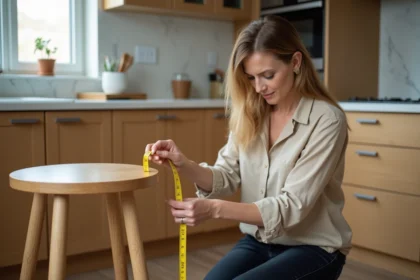 Femme mesurant le diamètre d'un tabouret de bar rond avec un mètre ruban dans une cuisine moderne
