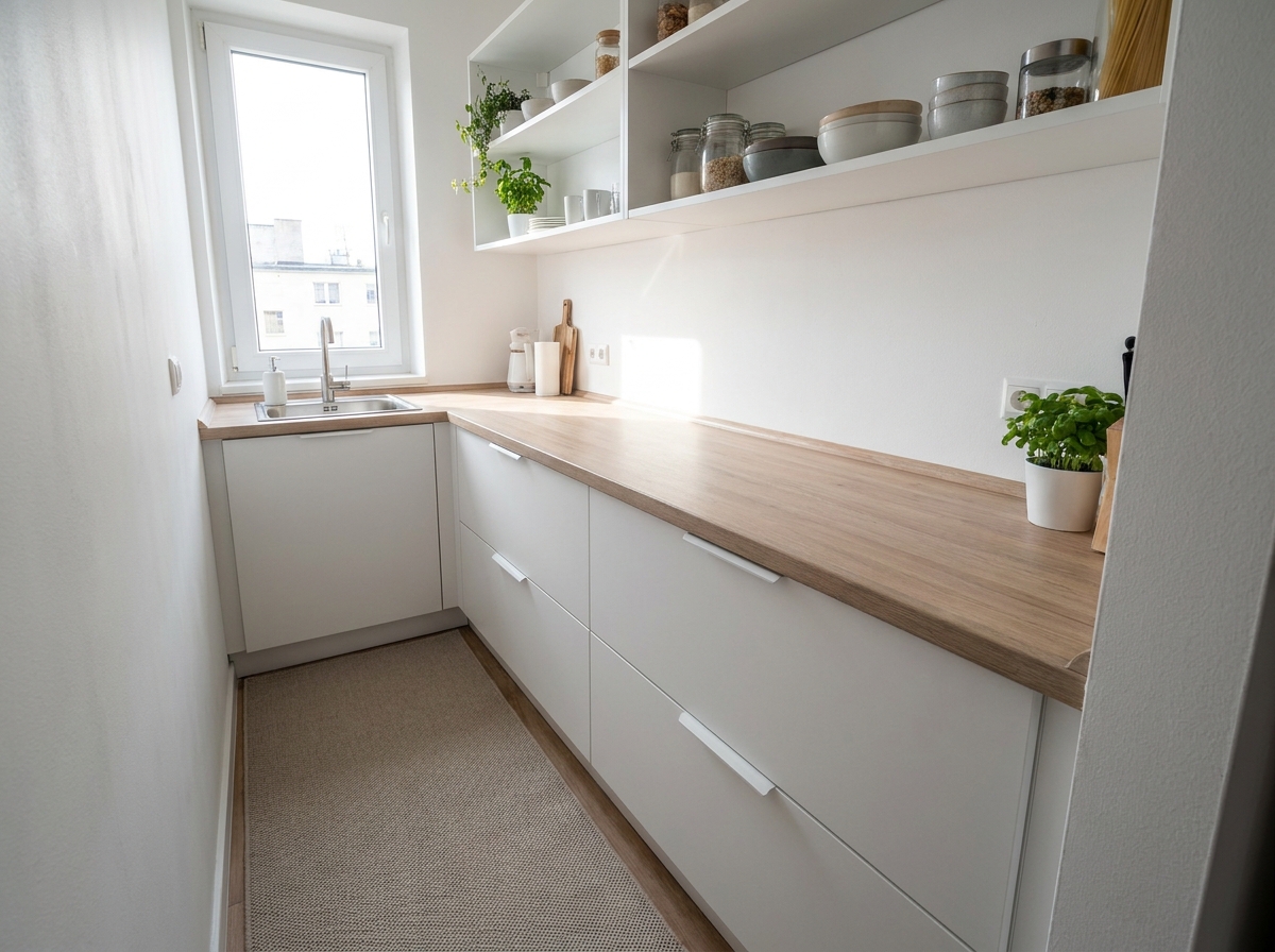 Meubles de cuisine modulaires GoodHome en blanc mat installés dans une petite cuisine de studio avec étagères ouvertes