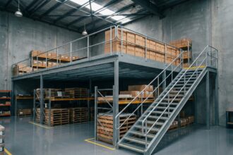 Vue grand angle d'une mezzanine industrielle en acier installée dans un entrepôt moderne avec rayonnages, sol en caillebotis et escalier antidérapant