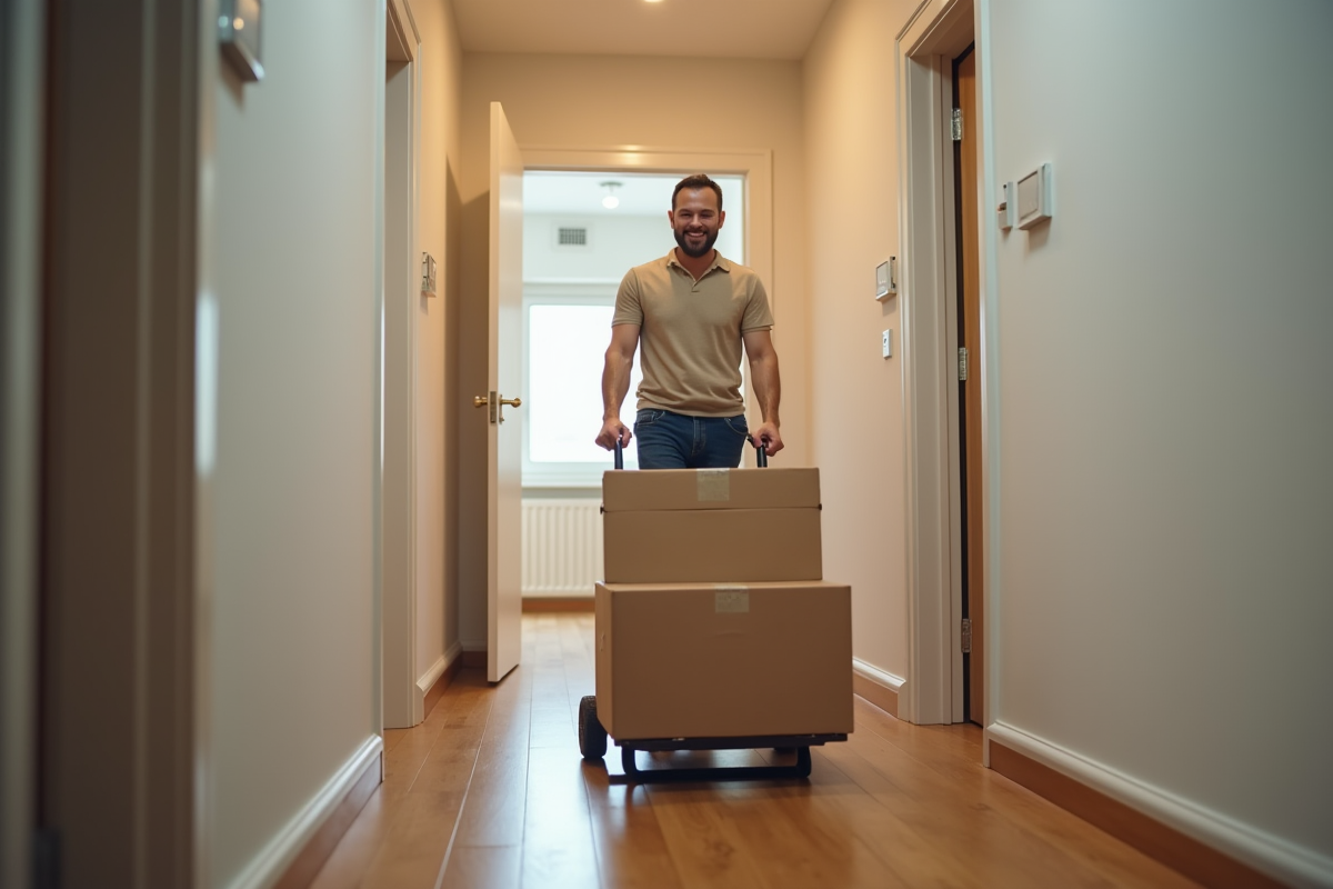 Professionnel utilisant un chariot pour transporter des cartons dans un couloir bien éclairé