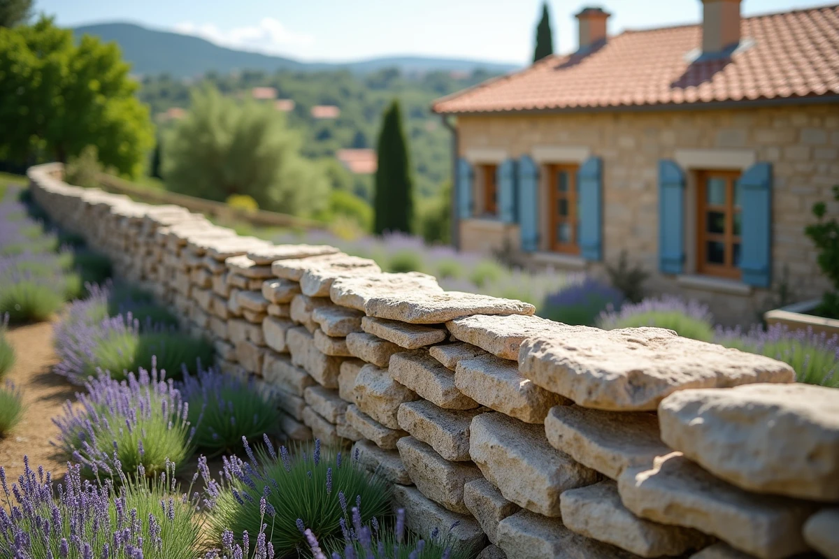 Mur en pierre de moellon terminé dans un jardin provençal en terrasse avec lavande et romarin