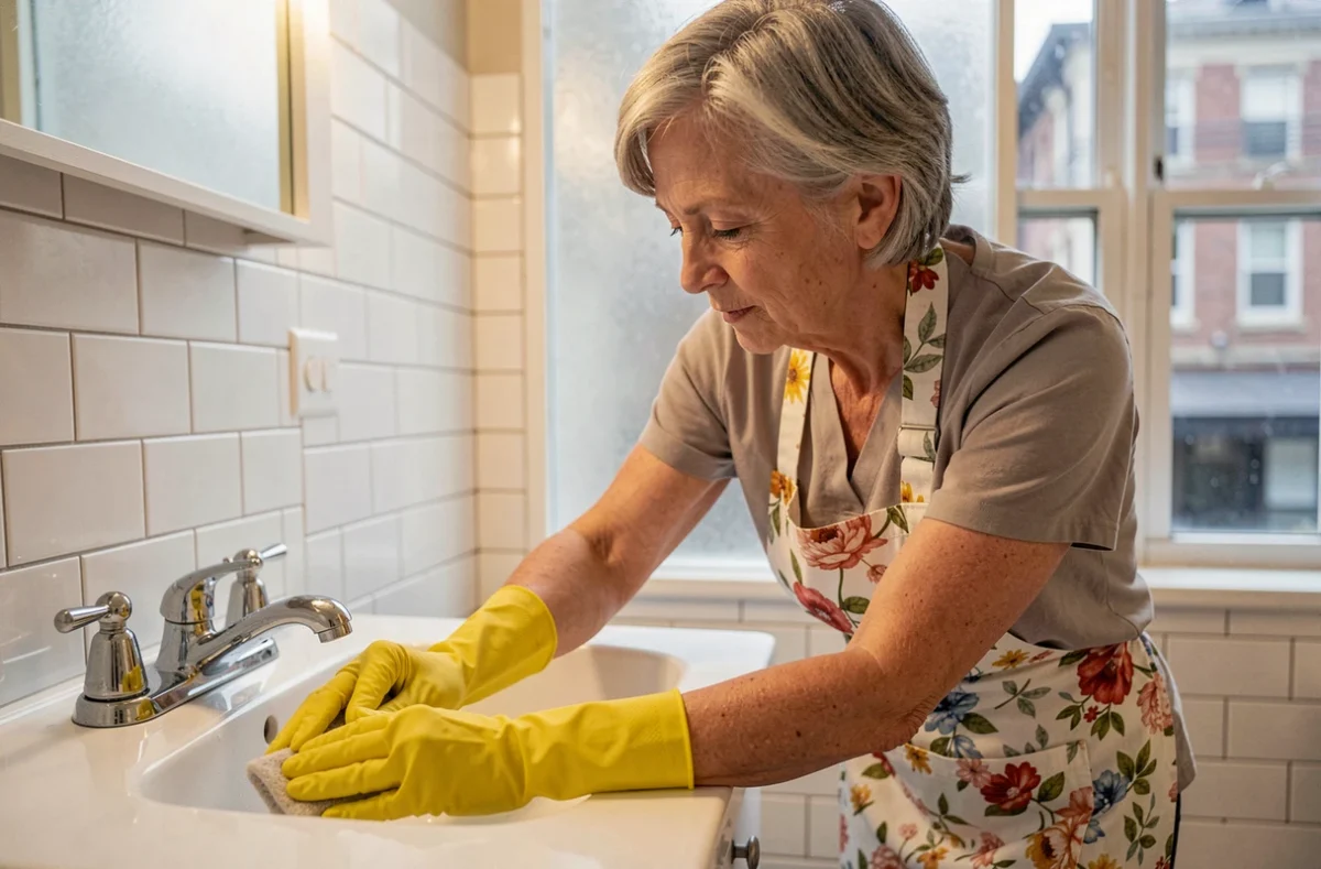 Femme d'entretien nettoyant une salle de bain dans un appartement résidentiel à Metz