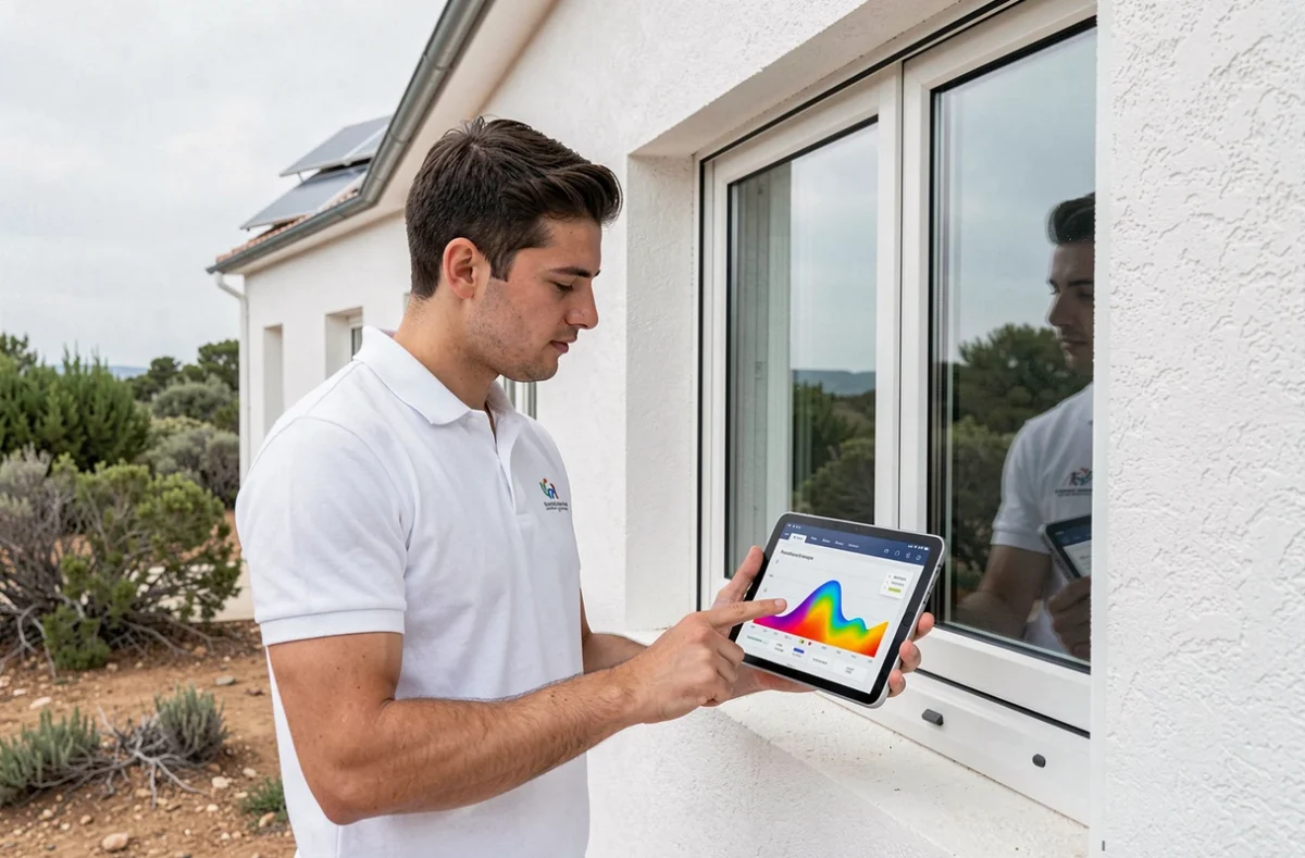 Consultant en efficacité énergétique de O3E montrant les performances d'une fenêtre triple vitrage sur une maison écologique dans le Var