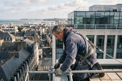 Ouvrier en sécurité sur un toit de bureau moderne
