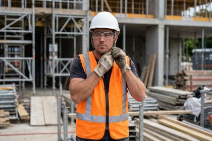 Ouvrier de chantier portant un casque de sécurité, gilet haute visibilité et lunettes de protection sur un chantier de construction