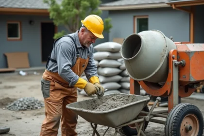 Ouvrier en tenue de chantier mesurant du béton en extérieur