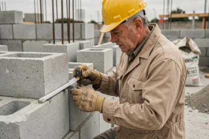 Ouvrier mesurant l'épaisseur d'un mur en parpaings sur un chantier de construction